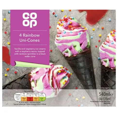 Co-op 4 Rainbow Uni-Cones 4x135ml (540ml)