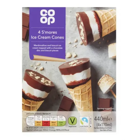 Co-op Fairtrade 4 S'mores Ice Cream Cones 4x110ml